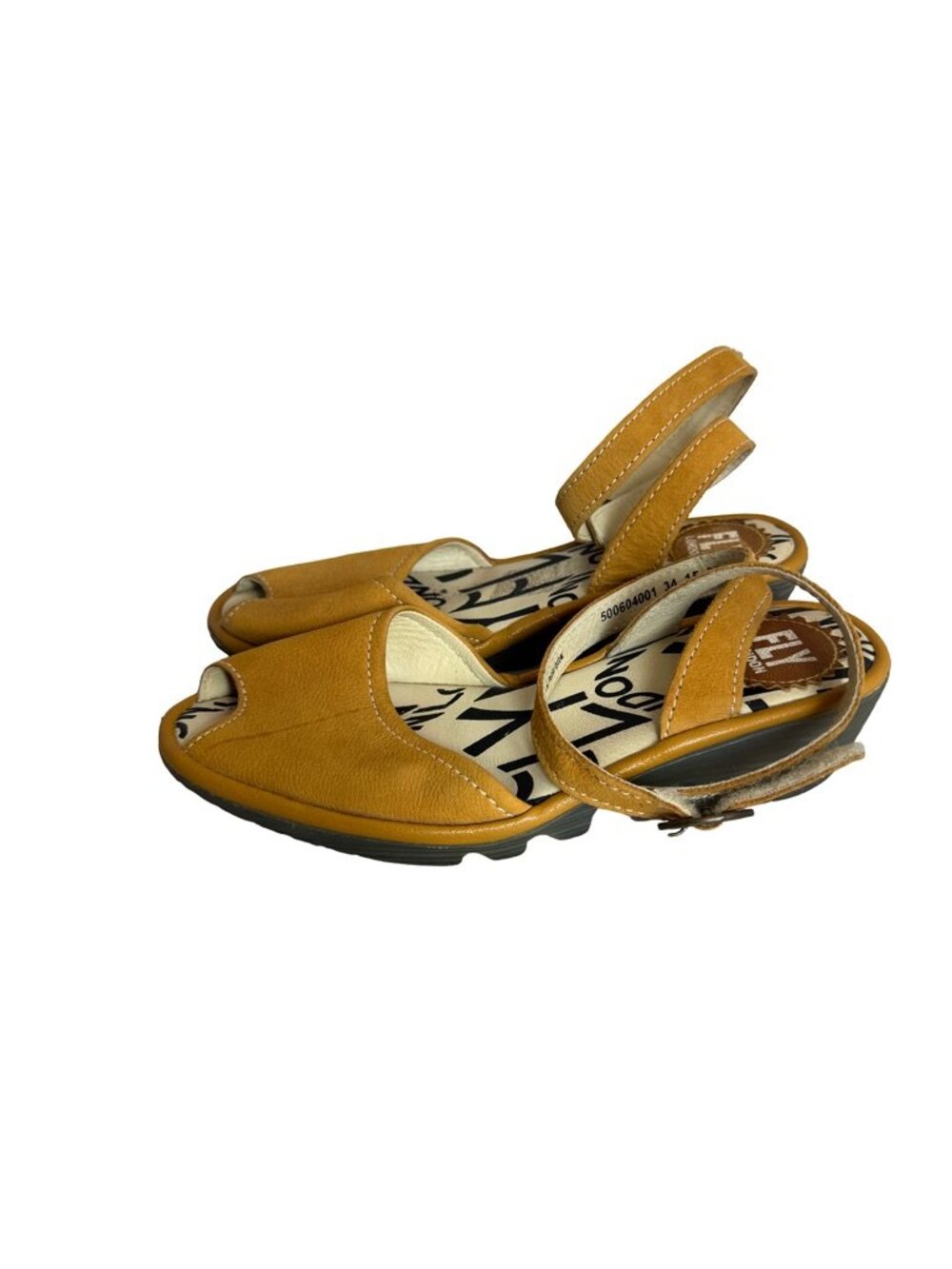 Fly London Mustard Leather Peep Toe Wedge Sandals Ankle Low Size 6.5 Women's